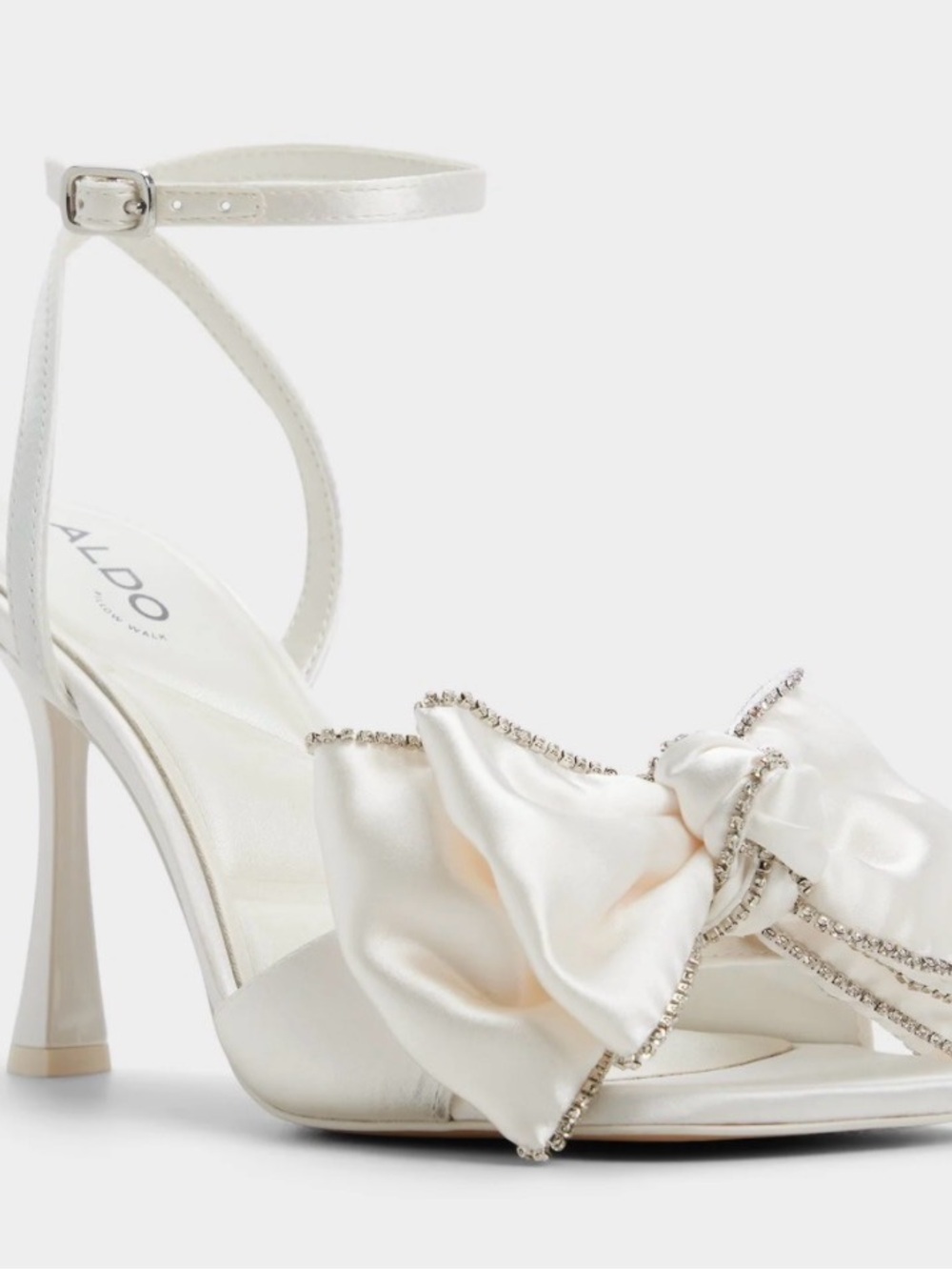 Aldo Ivory Satin Bow Ankle-Strap Heels with Crystal Trim